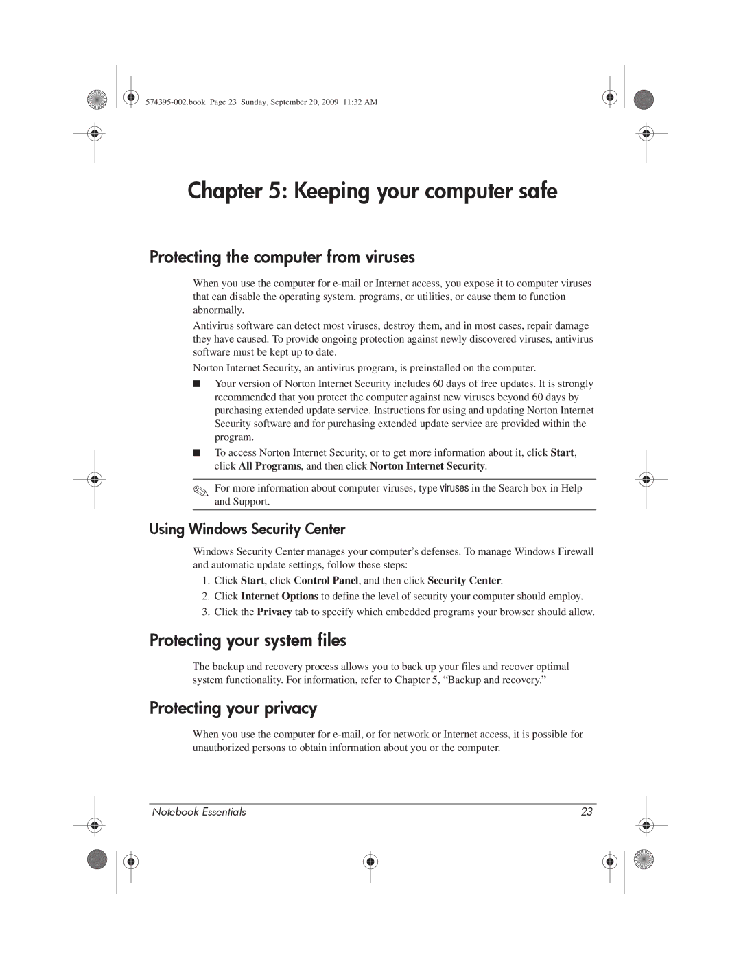 HP 311c-1070EF, 311c-1140EI Keeping your computer safe, Protecting the computer from viruses, Protecting your system files 