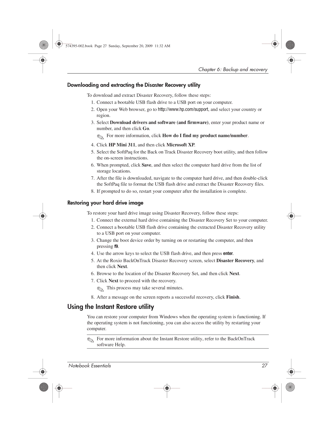 HP 311c-1070EF, 311c-1140EI Using the Instant Restore utility, Downloading and extracting the Disaster Recovery utility 