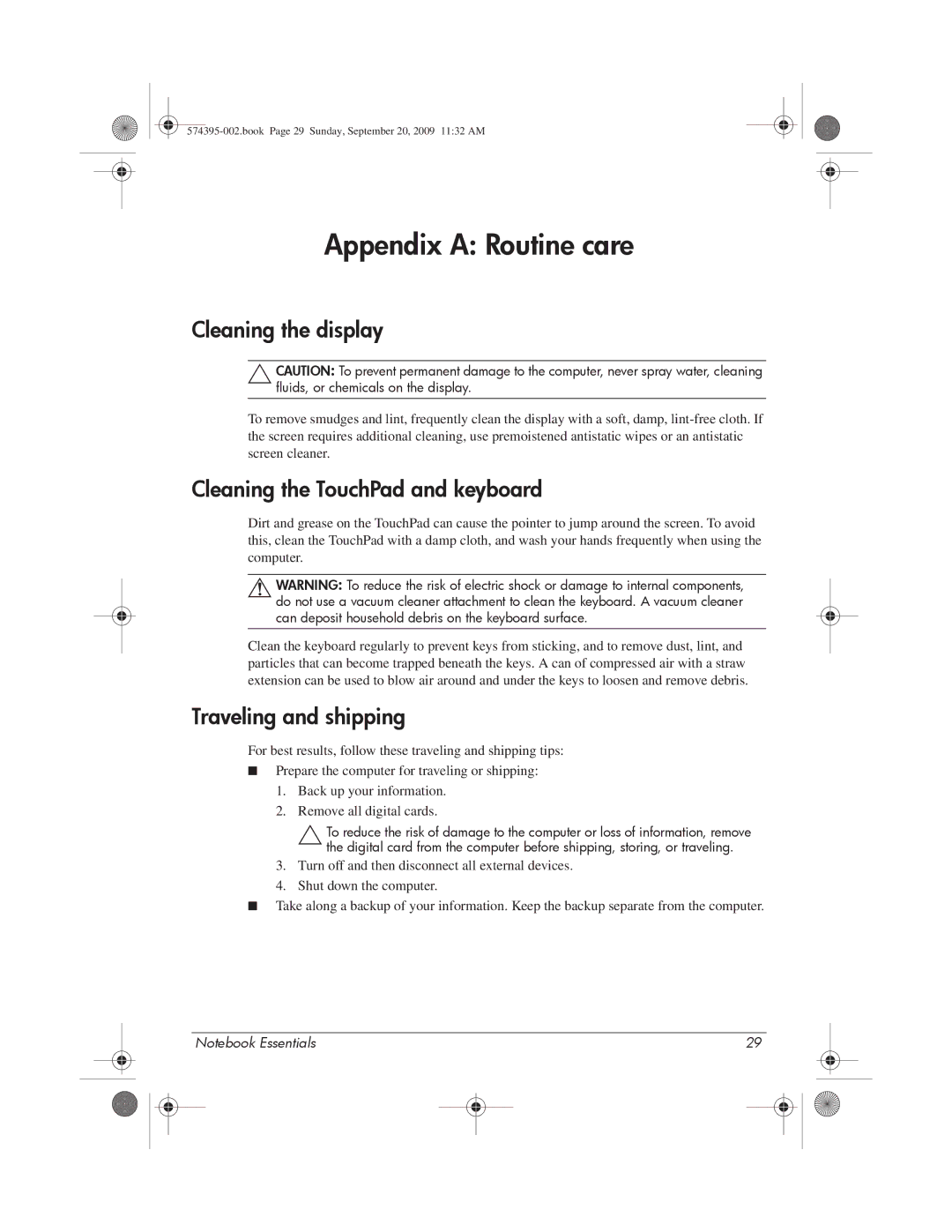 HP 311c-1070EF Appendix a Routine care, Cleaning the display, Cleaning the TouchPad and keyboard, Traveling and shipping 