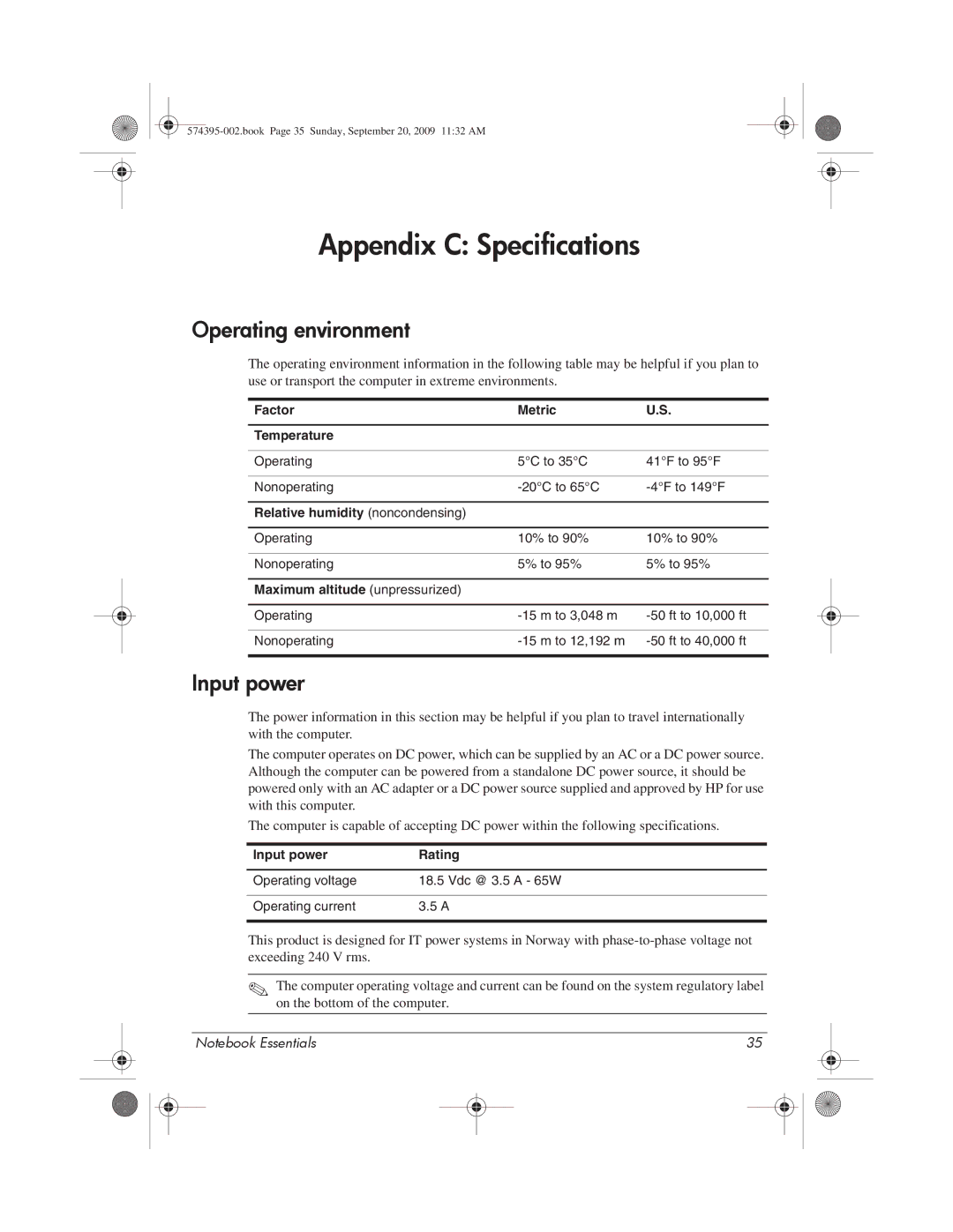 HP 311c-1070EF, 311c-1140EI manual Appendix C Specifications, Operating environment, Input power 