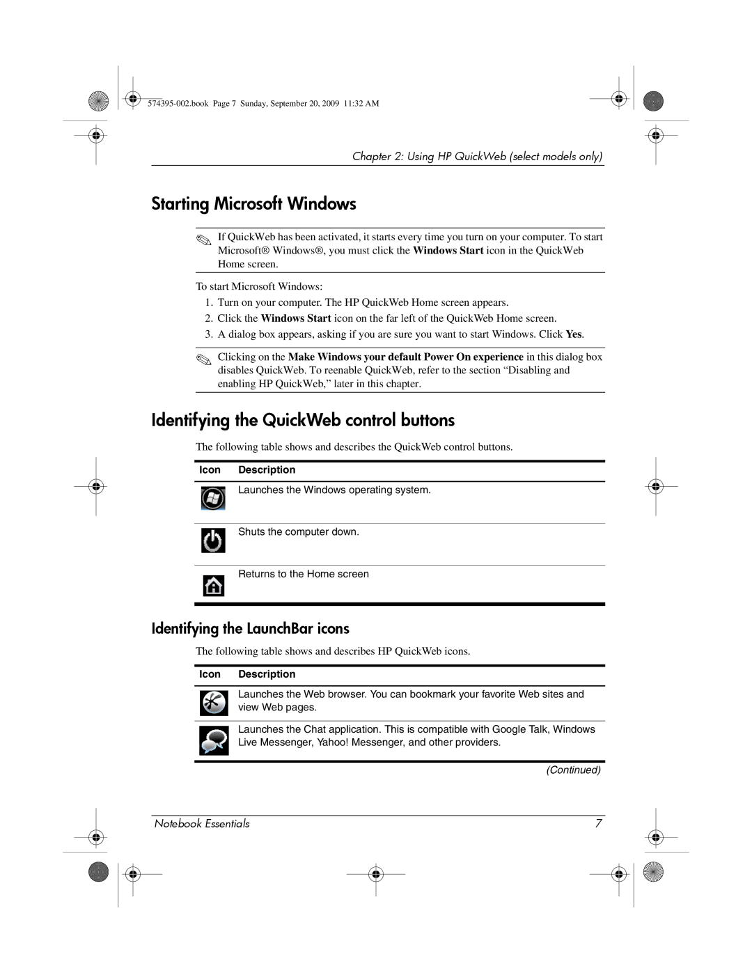 HP 311c-1070EF manual Starting Microsoft Windows, Identifying the QuickWeb control buttons, Identifying the LaunchBar icons 