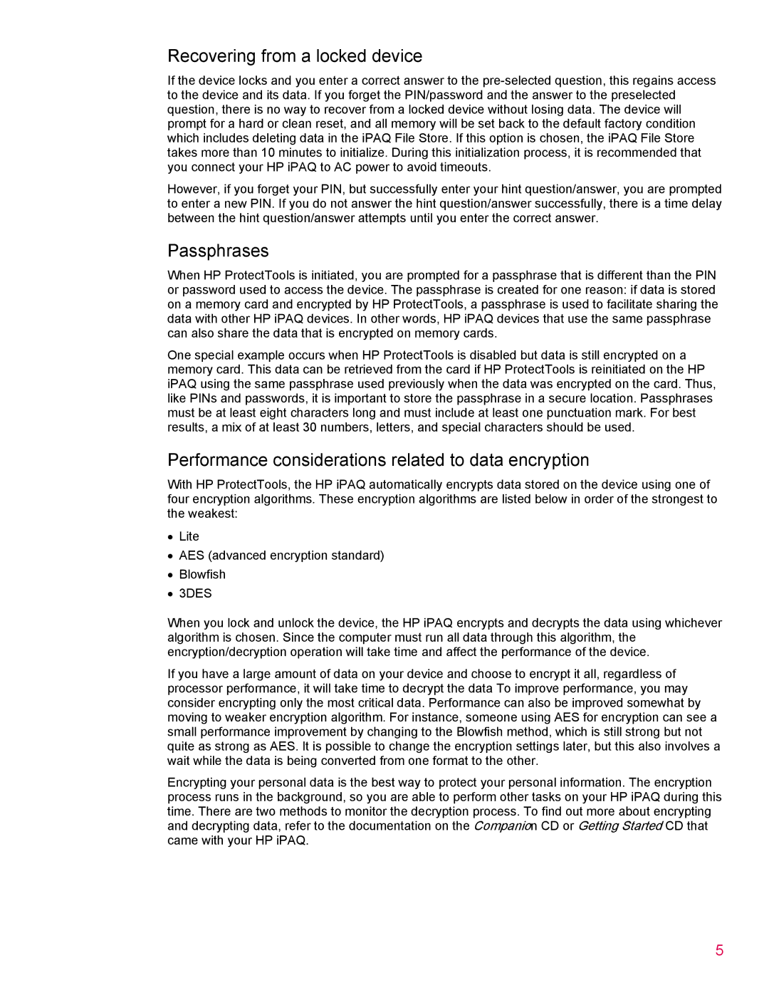 HP 314 manual Recovering from a locked device, Passphrases, Performance considerations related to data encryption 