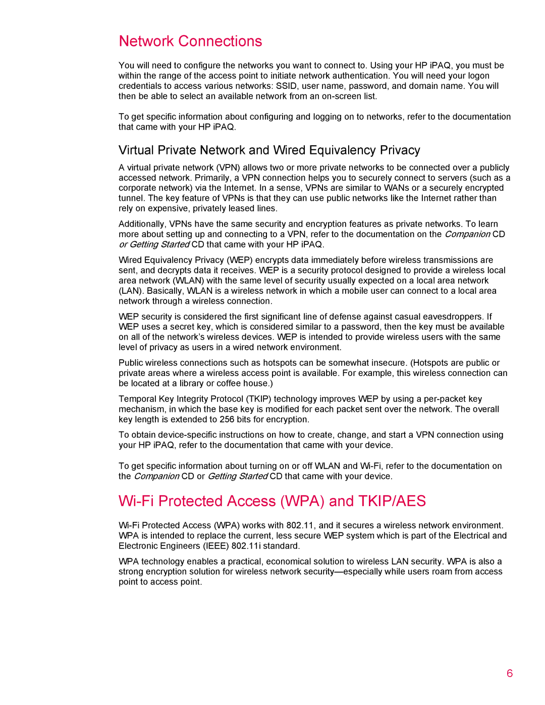 HP 314 Network Connections, Wi-Fi Protected Access WPA and TKIP/AES, Virtual Private Network and Wired Equivalency Privacy 