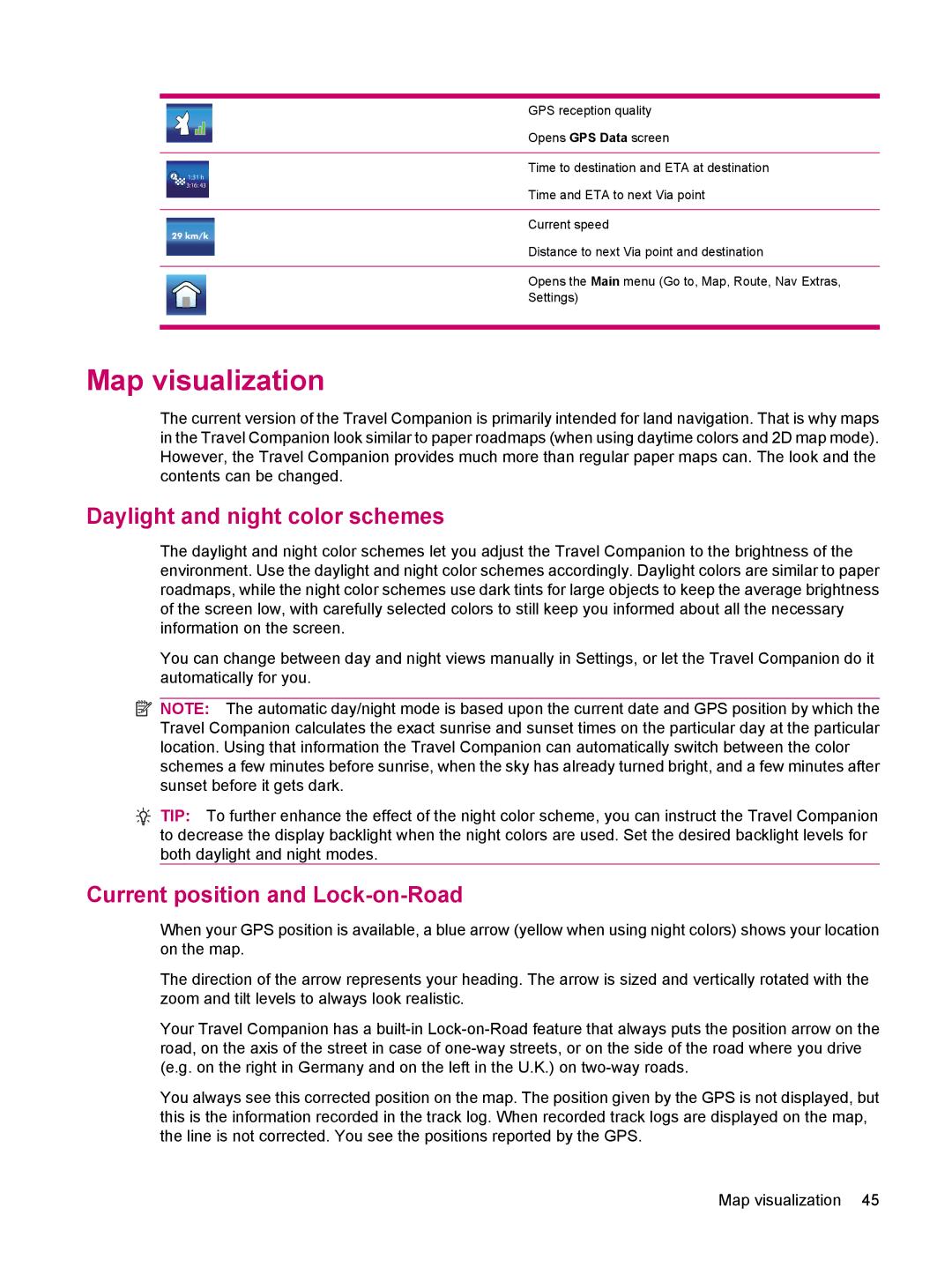 HP 314 manual Map visualization, Daylight and night color schemes, Current position and Lock-on-Road 