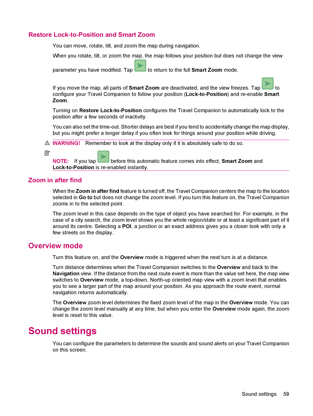 HP 314 manual Sound settings, Overview mode, Restore Lock-to-Position and Smart Zoom, Zoom in after find 