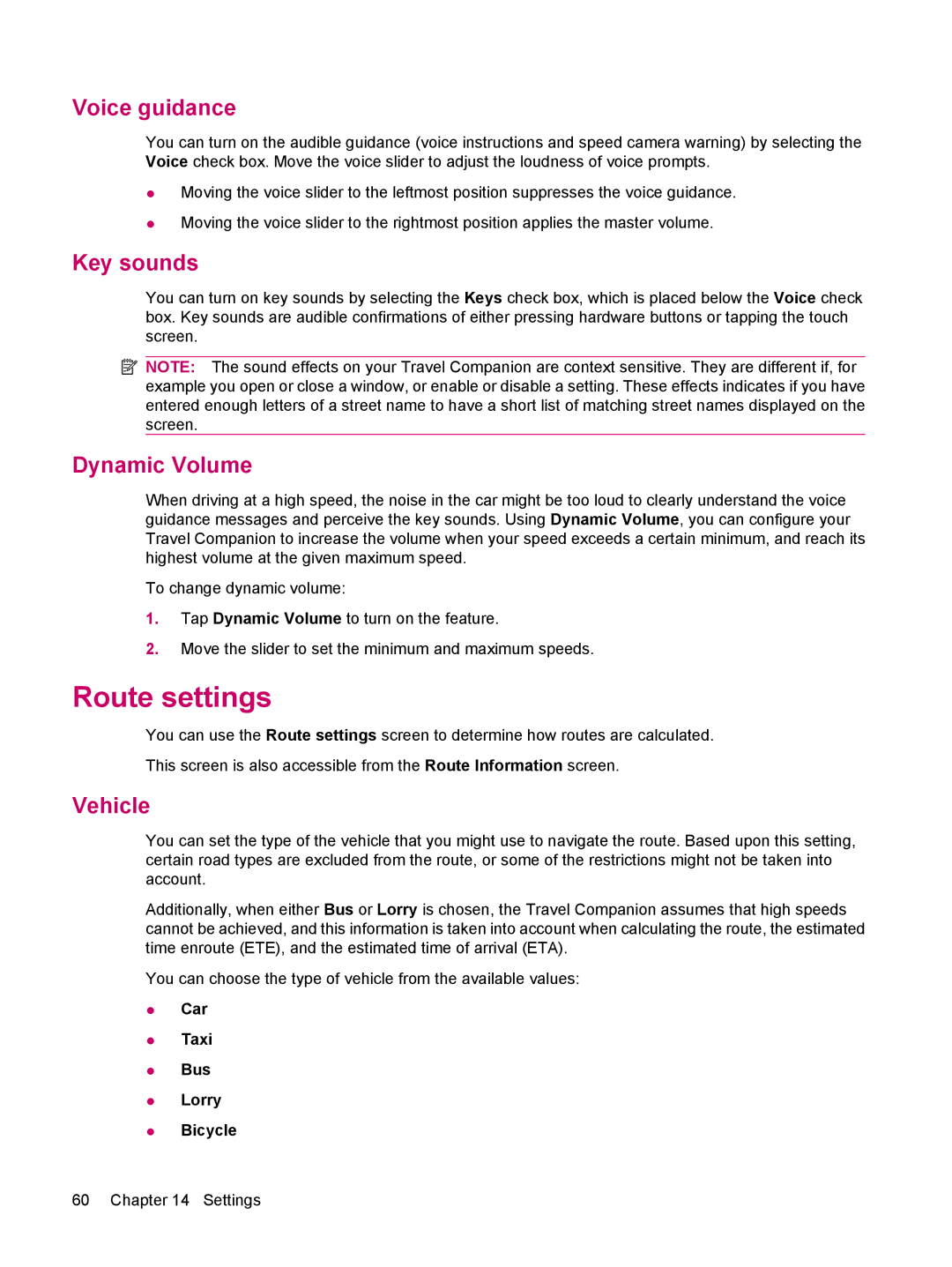 HP 314 manual Route settings, Voice guidance, Key sounds, Dynamic Volume, Vehicle 