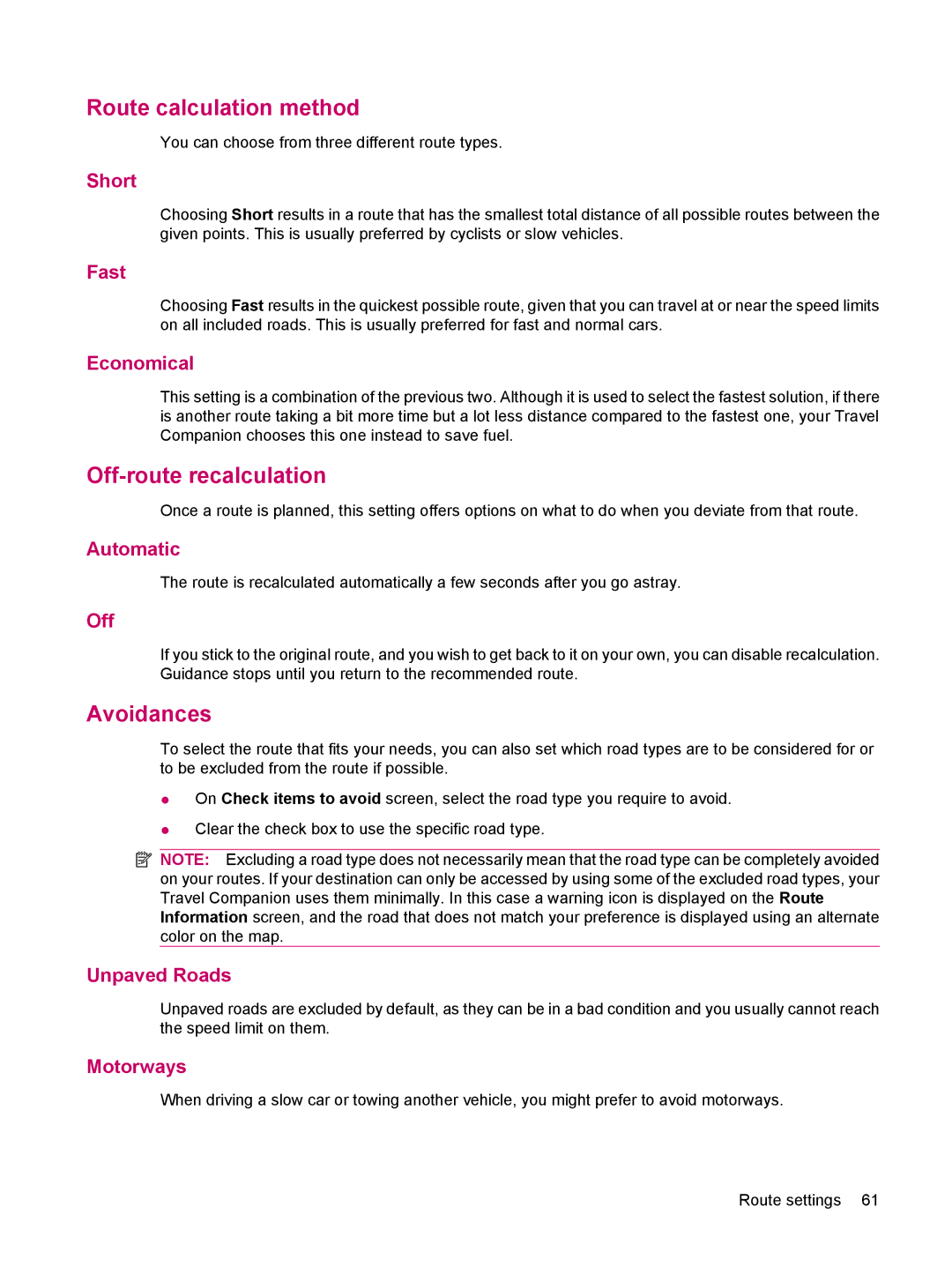 HP 314 manual Route calculation method, Off-route recalculation, Avoidances 