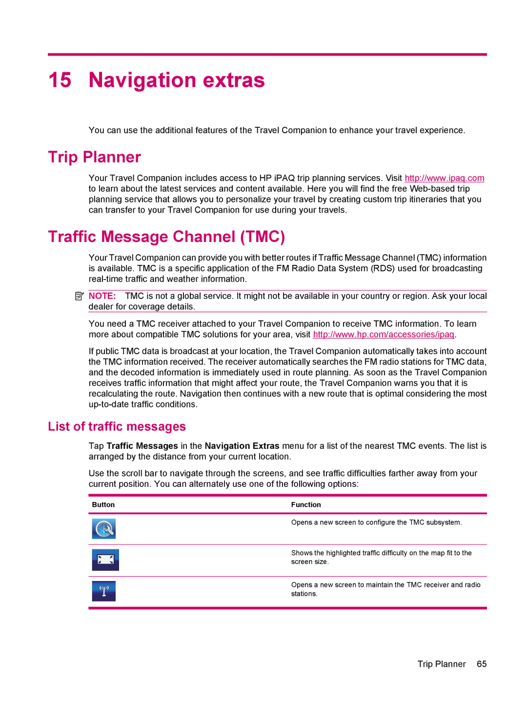 HP 314 manual Navigation extras, Trip Planner Traffic Message Channel TMC, List of traffic messages 