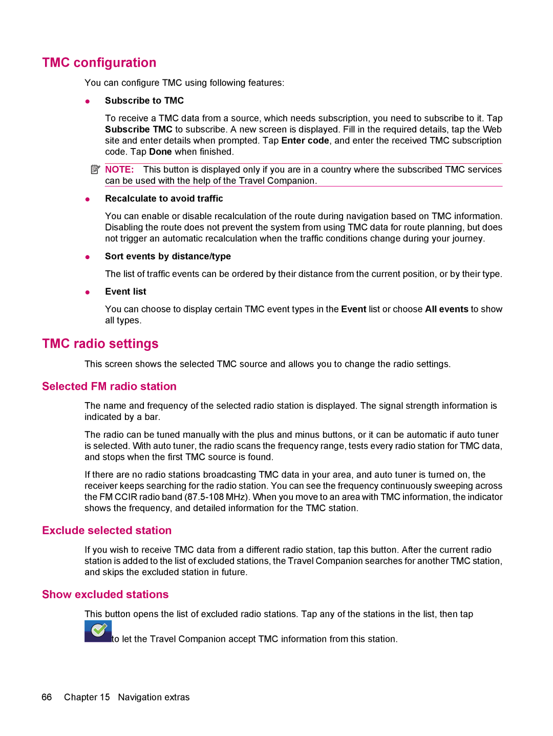 HP 314 TMC configuration, TMC radio settings, Selected FM radio station, Exclude selected station, Show excluded stations 