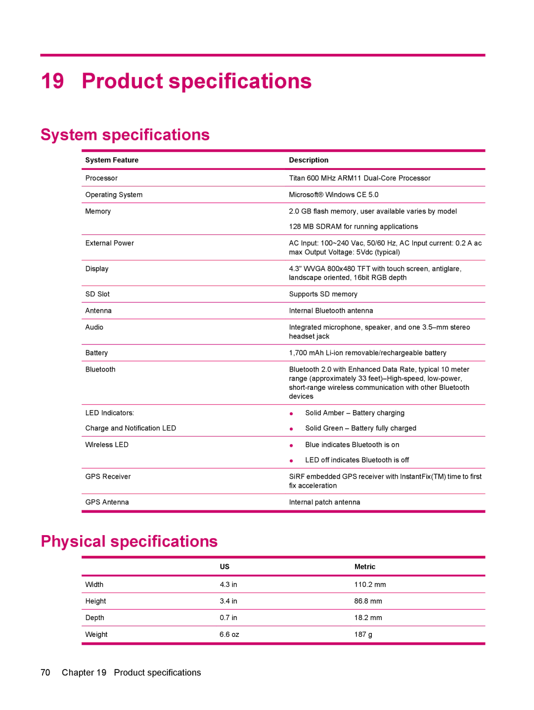 HP 314 manual Product specifications, System specifications, Physical specifications, System Feature Description, Metric 