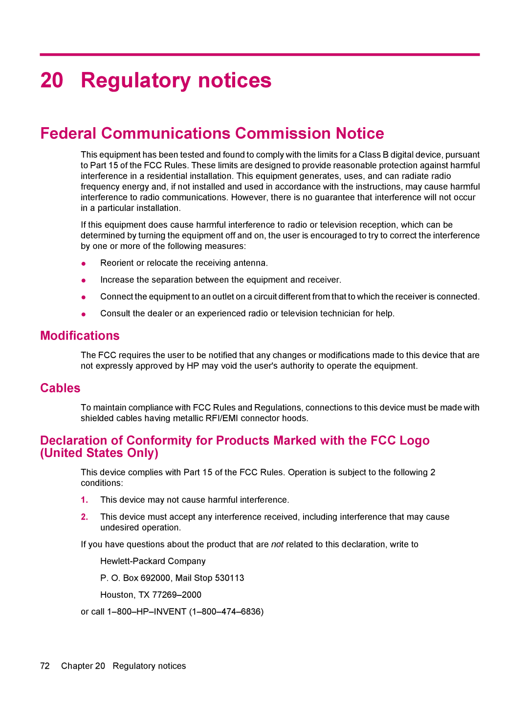 HP 314 manual Regulatory notices, Federal Communications Commission Notice, Modifications, Cables 