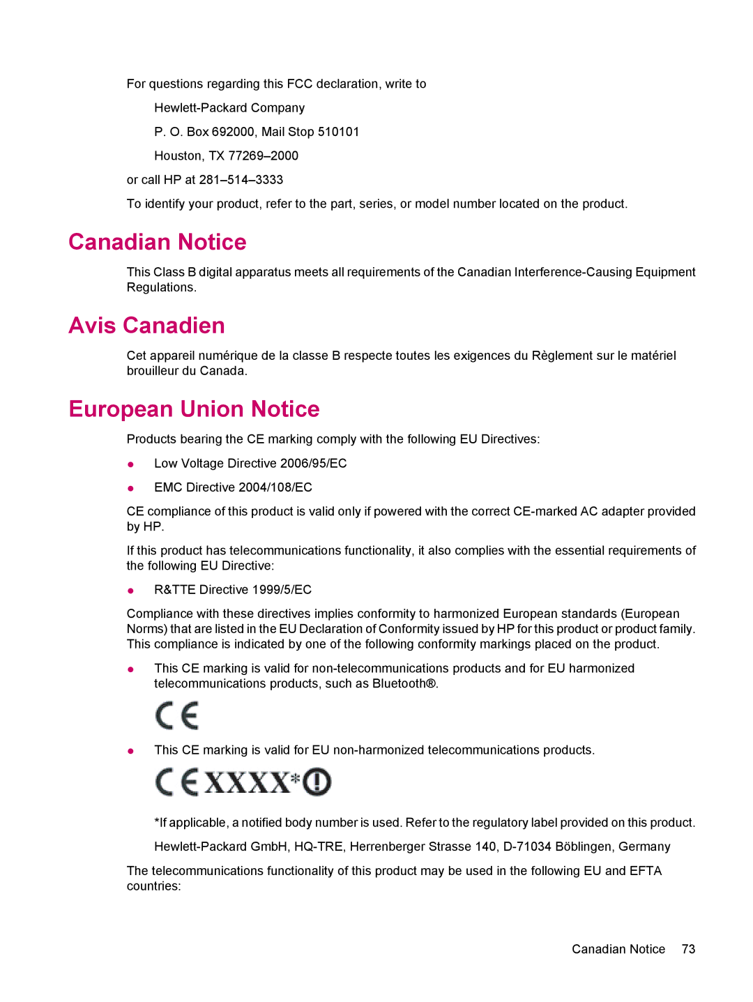 HP 314 manual Canadian Notice, Avis Canadien, European Union Notice 