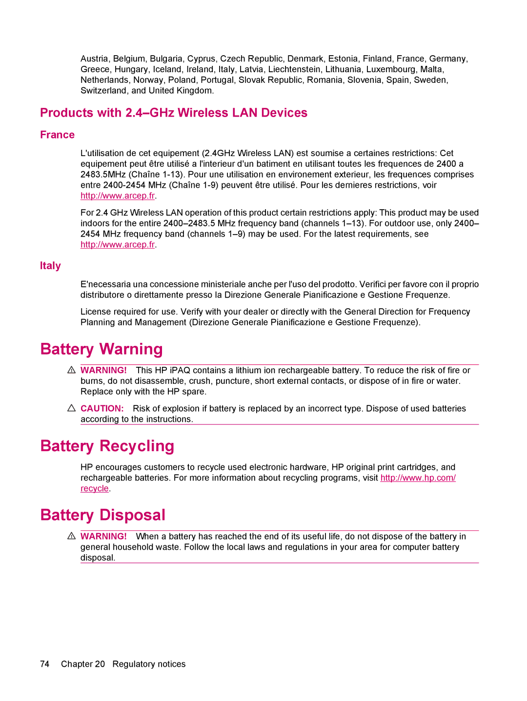 HP 314 manual Battery Warning Battery Recycling Battery Disposal, Products with 2.4-GHz Wireless LAN Devices, France Italy 