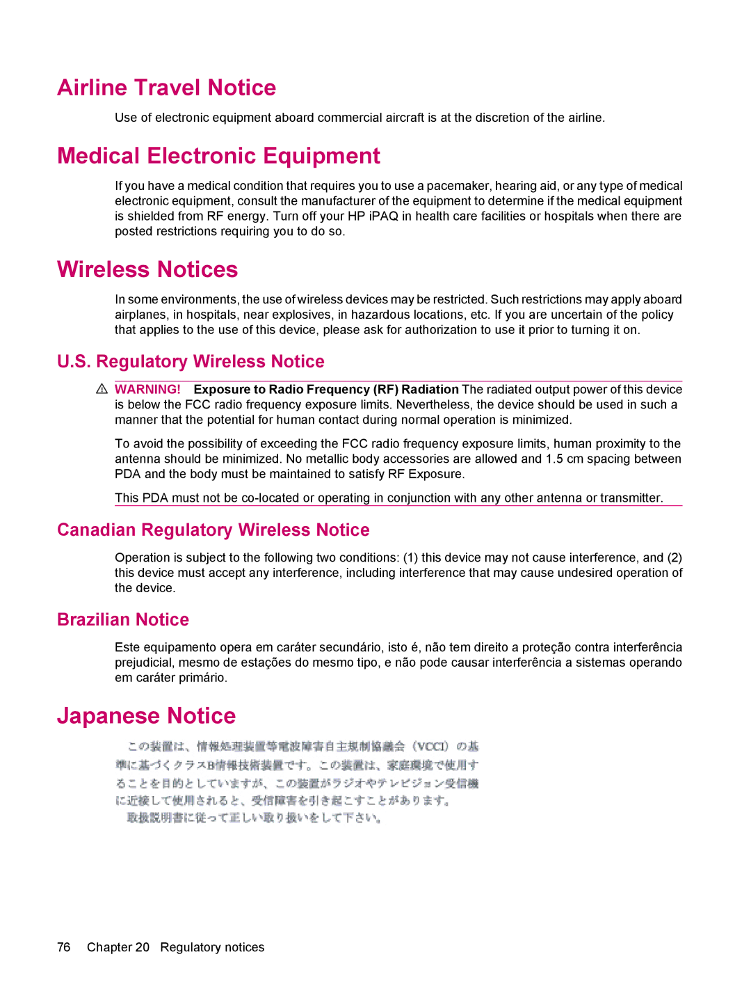 HP 314 manual Airline Travel Notice, Medical Electronic Equipment, Wireless Notices, Japanese Notice 