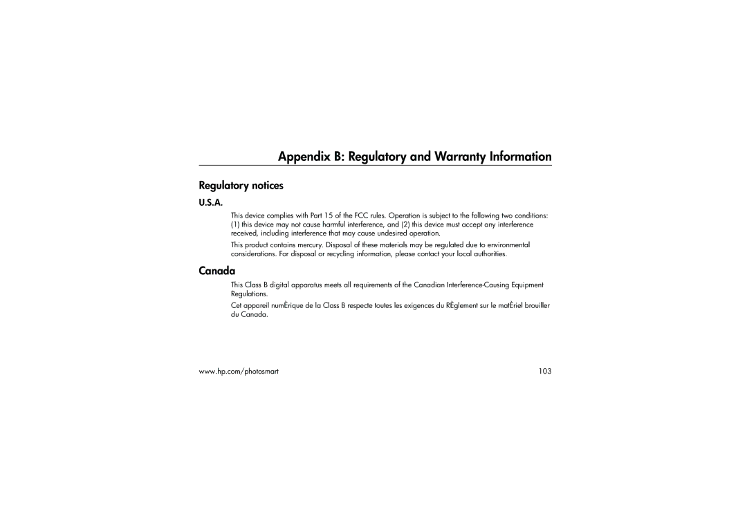 HP 315 manual Appendix B Regulatory and Warranty Information, Regulatory notices, Canada 