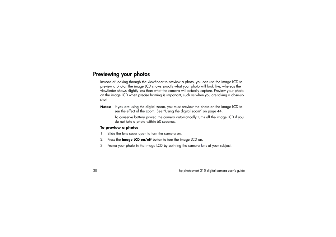 HP 315 manual Previewing your photos, To preview a photo 