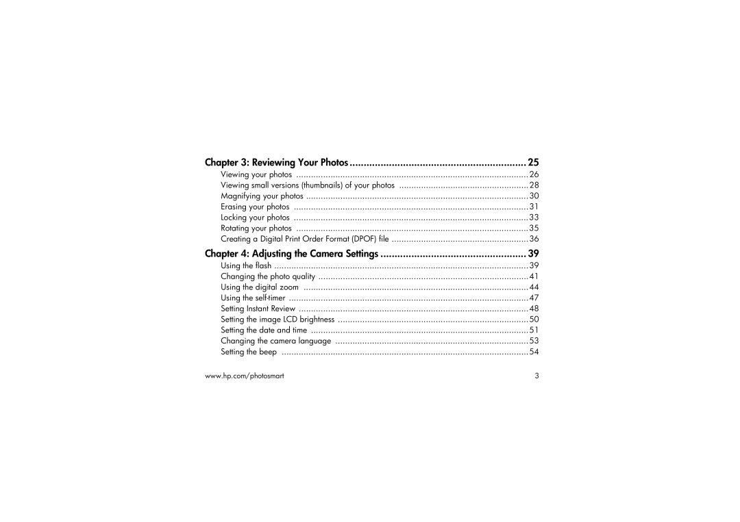 HP 315 manual Reviewing Your Photos, Adjusting the Camera Settings 