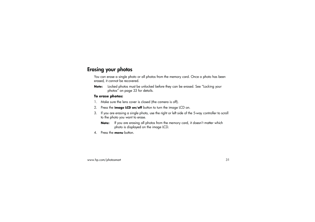 HP 315 manual Erasing your photos, To erase photos 