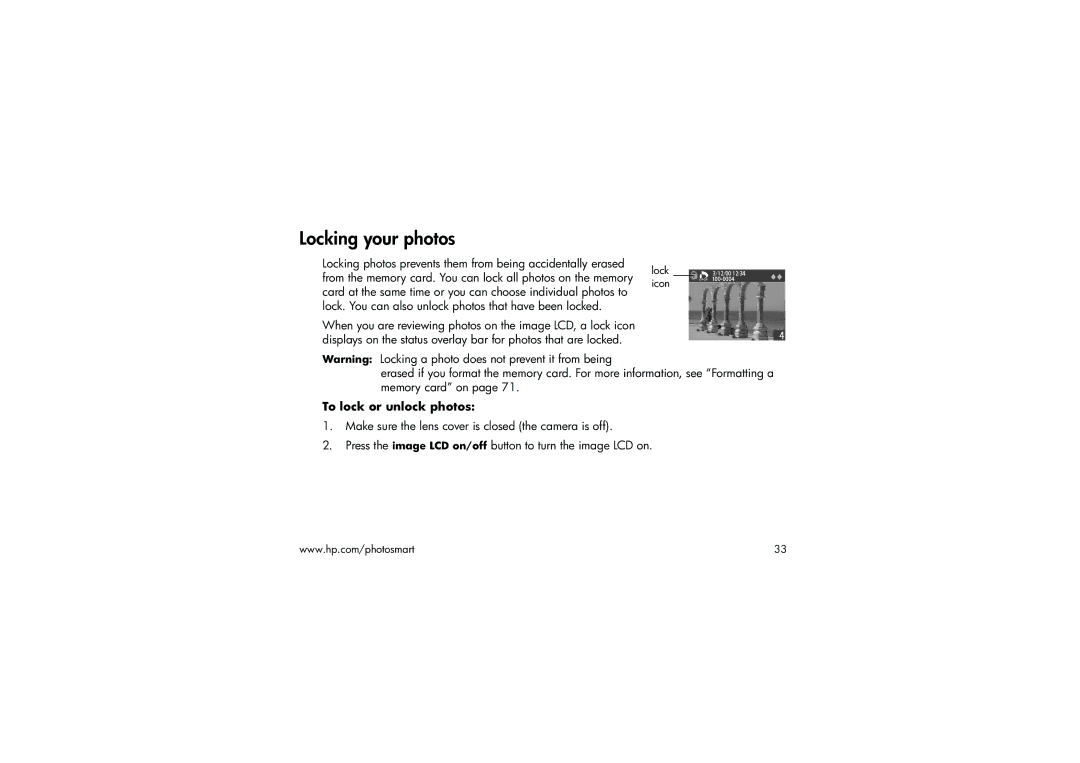 HP 315 manual Locking your photos, To lock or unlock photos 