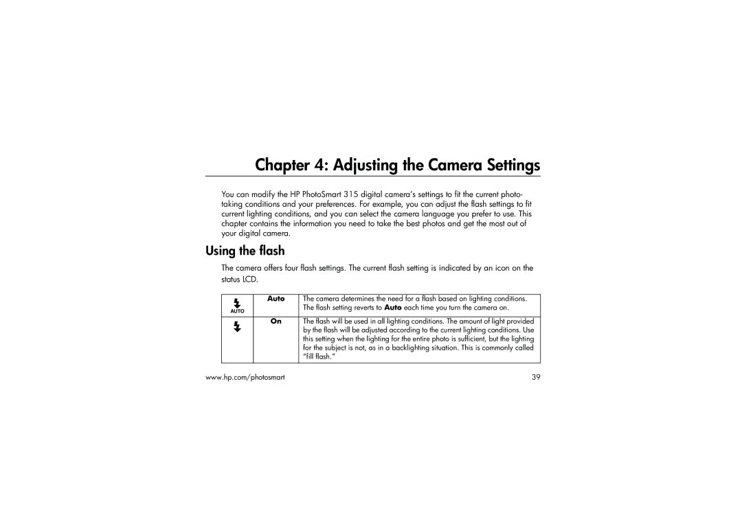 HP 315 manual Adjusting the Camera Settings, Using the flash, Auto 