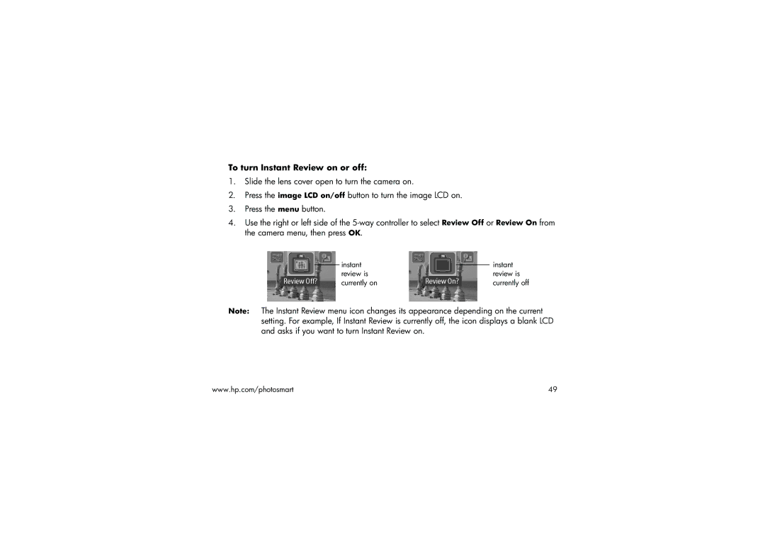 HP 315 manual To turn Instant Review on or off 