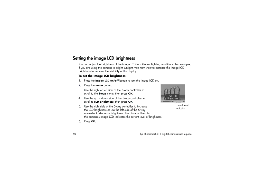 HP 315 manual Setting the image LCD brightness, To set the image LCD brightness 