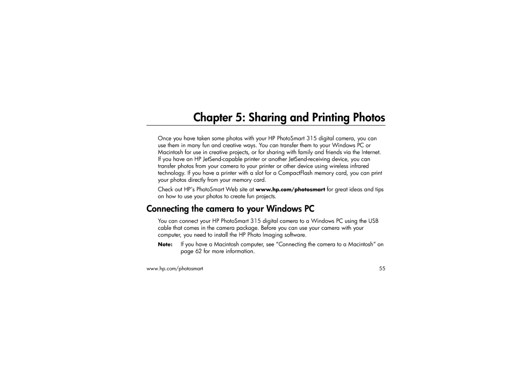 HP 315 manual Sharing and Printing Photos, Connecting the camera to your Windows PC 