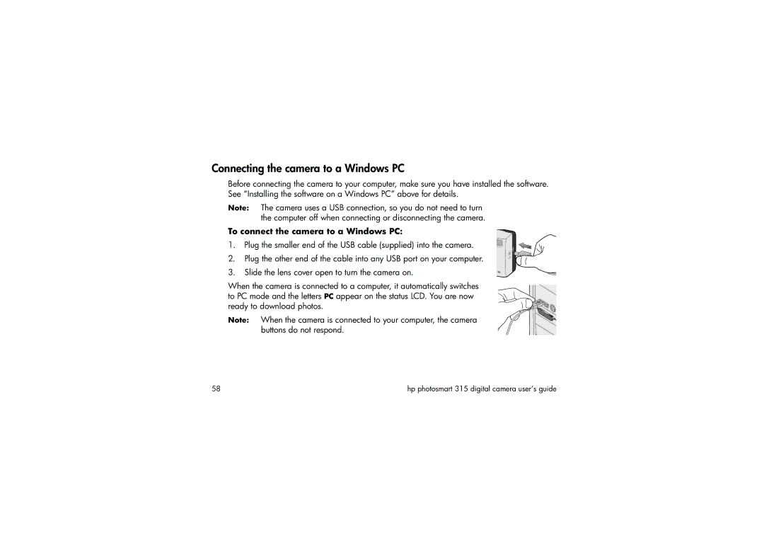 HP 315 manual Connecting the camera to a Windows PC, To connect the camera to a Windows PC 