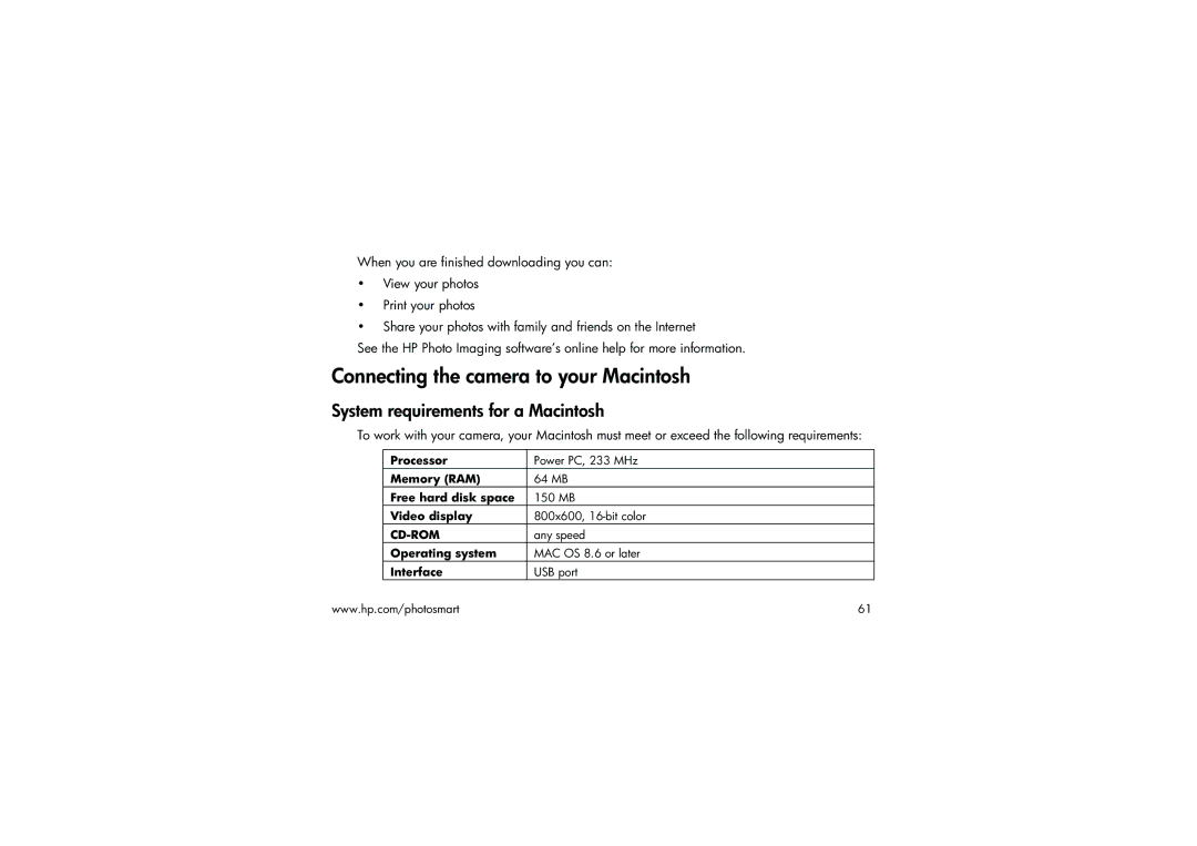 HP 315 manual Connecting the camera to your Macintosh, System requirements for a Macintosh 