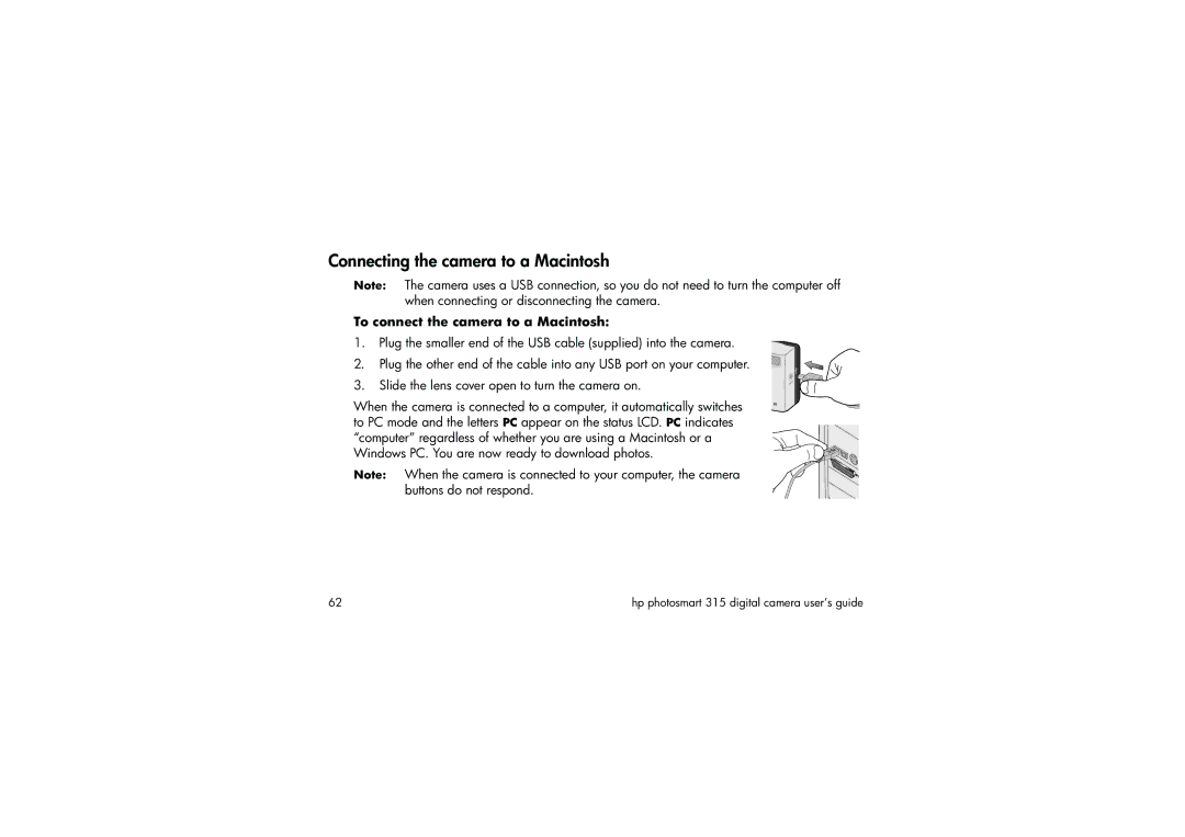 HP 315 manual Connecting the camera to a Macintosh, To connect the camera to a Macintosh 