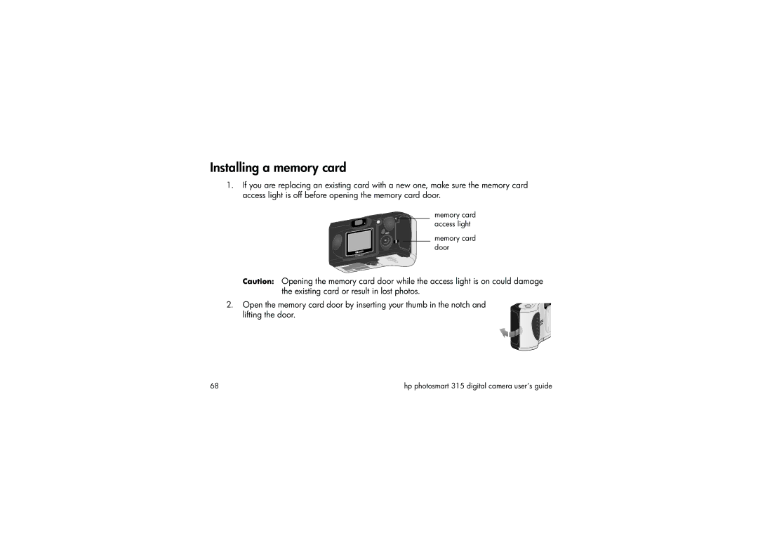 HP 315 manual Installing a memory card 