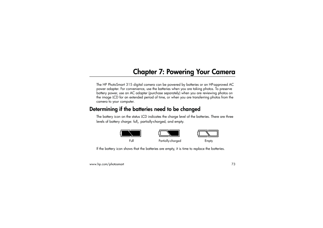 HP 315 manual Powering Your Camera, Determining if the batteries need to be changed 