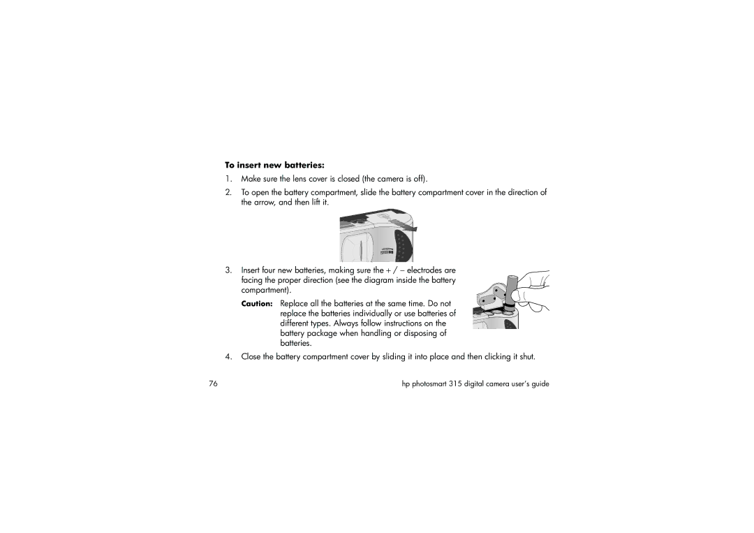 HP 315 manual To insert new batteries 