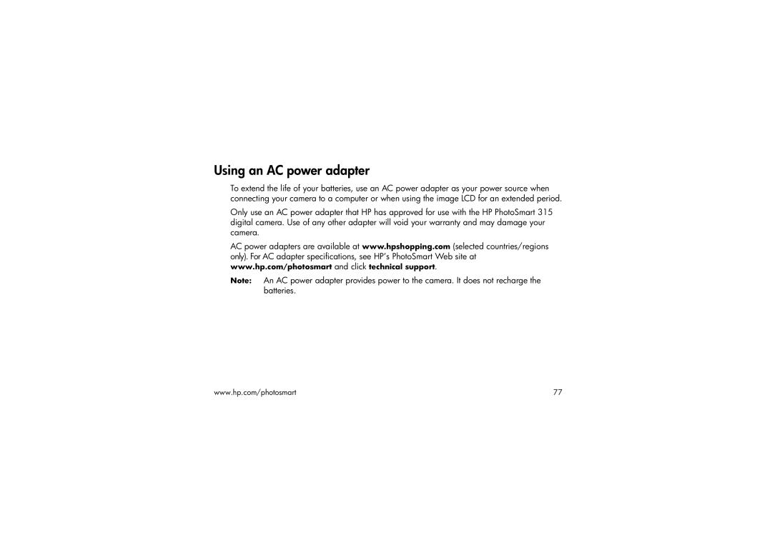 HP 315 manual Using an AC power adapter 