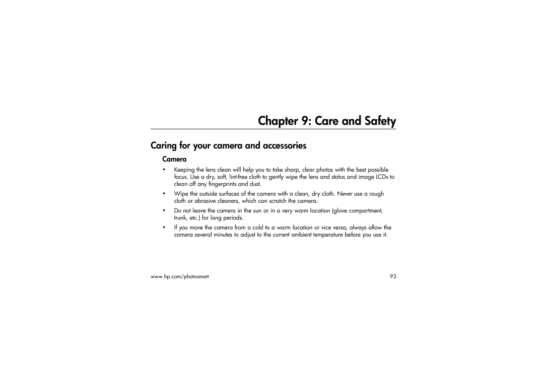 HP 315 manual Care and Safety, Caring for your camera and accessories, Camera 