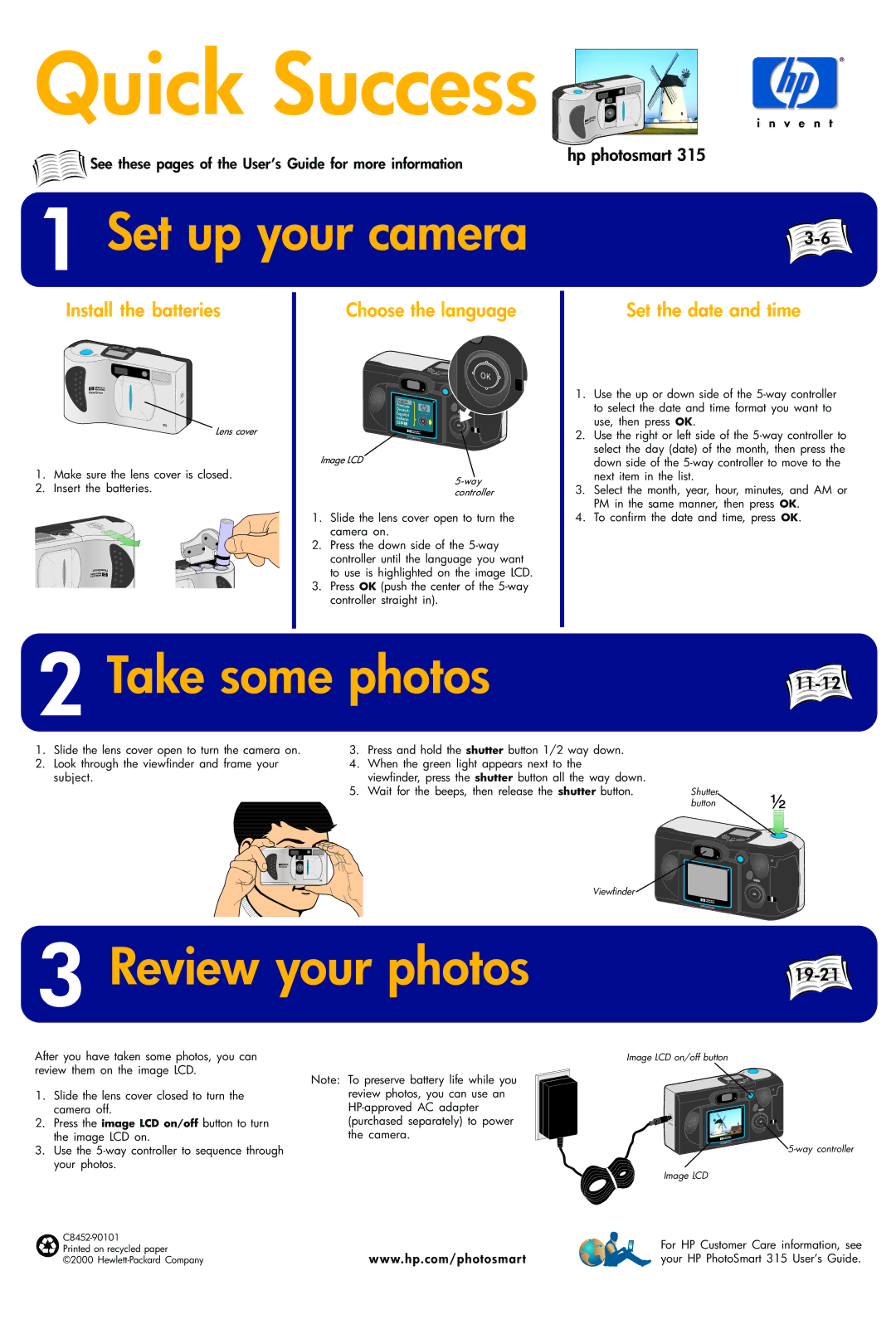 HP 315 manual Set up your camera, Take some photos, Review your photos 