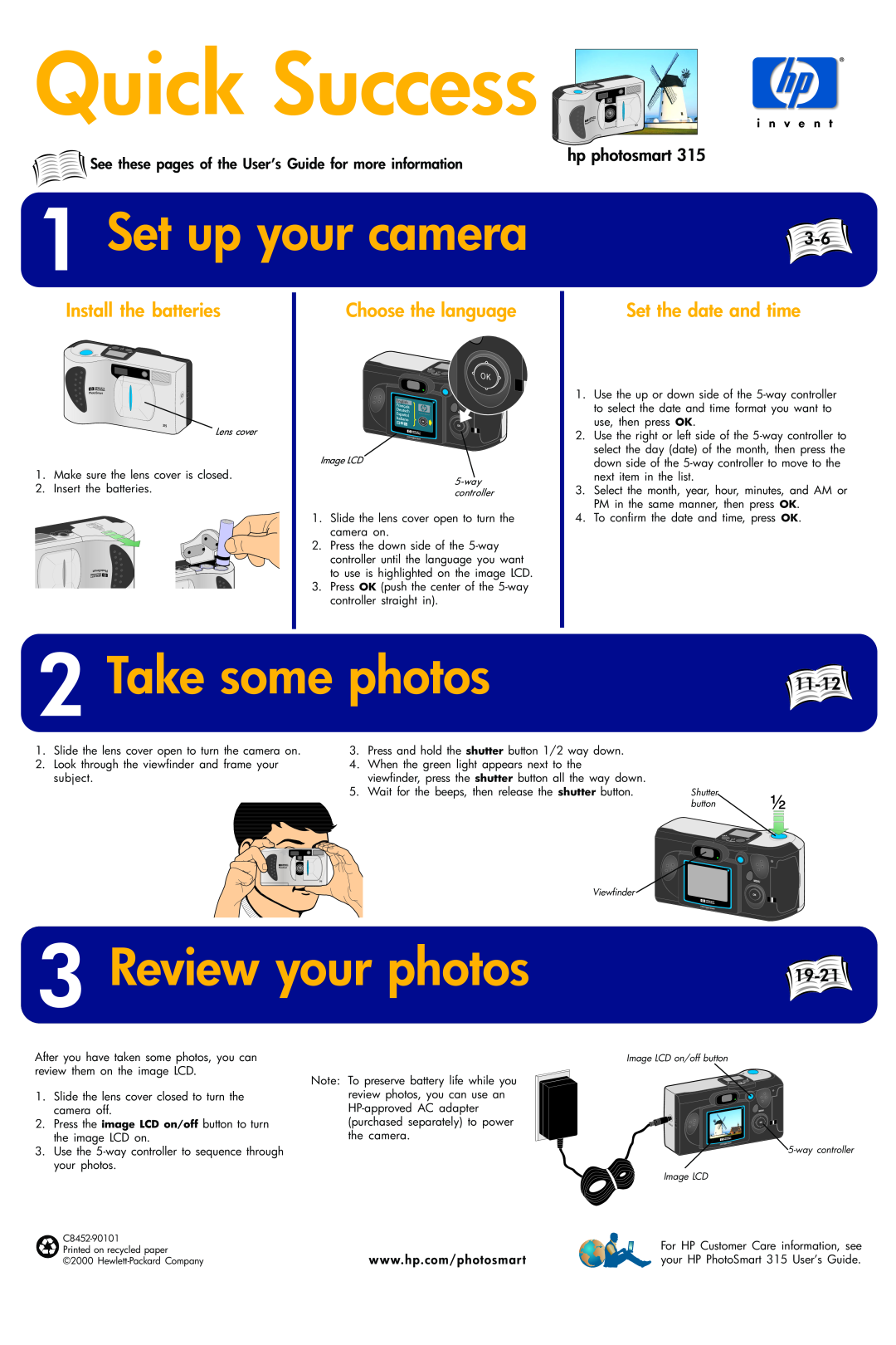 HP 315 manual Quick Success, Set up your camera, Take some photos, Review your photos, hp photosmart, 11-12, 19-21 