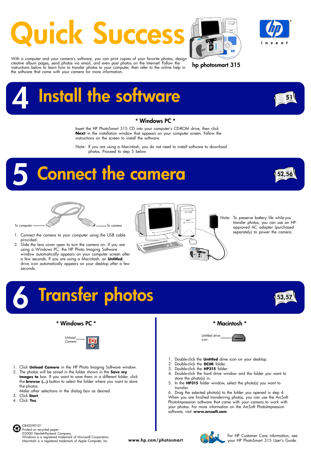 HP 315 manual Install the software, Connect the camera, Windows PC, 52,56, 53,57, Quick Success, Transfer photos 