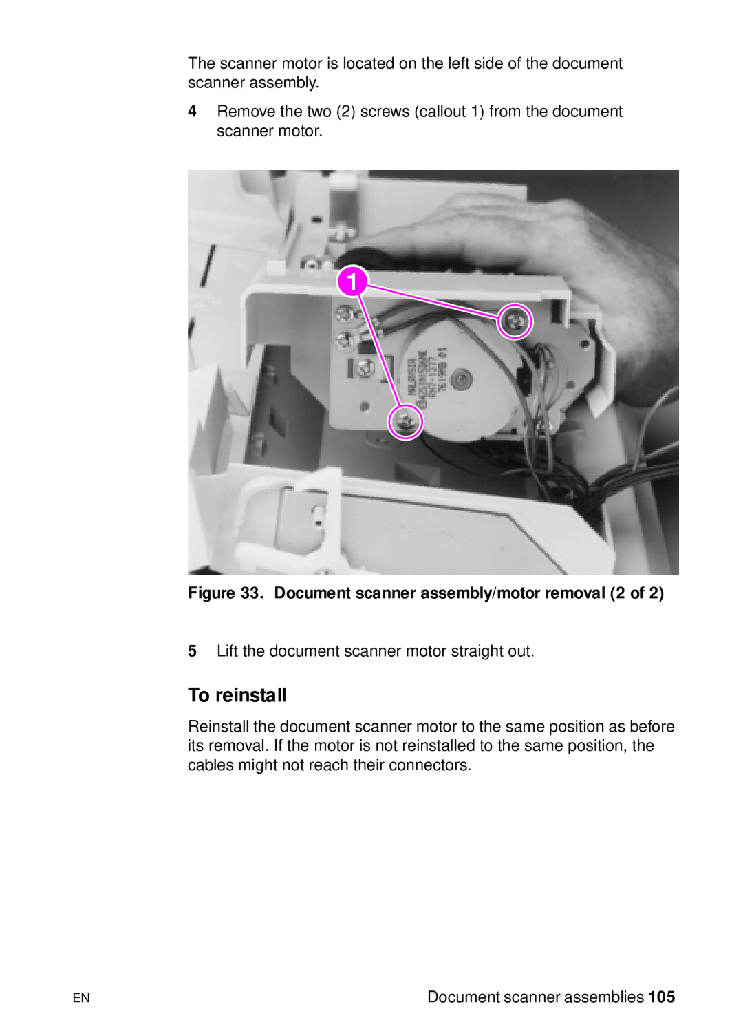 HP 3150 manual Document scanner assembly/motor removal 2 