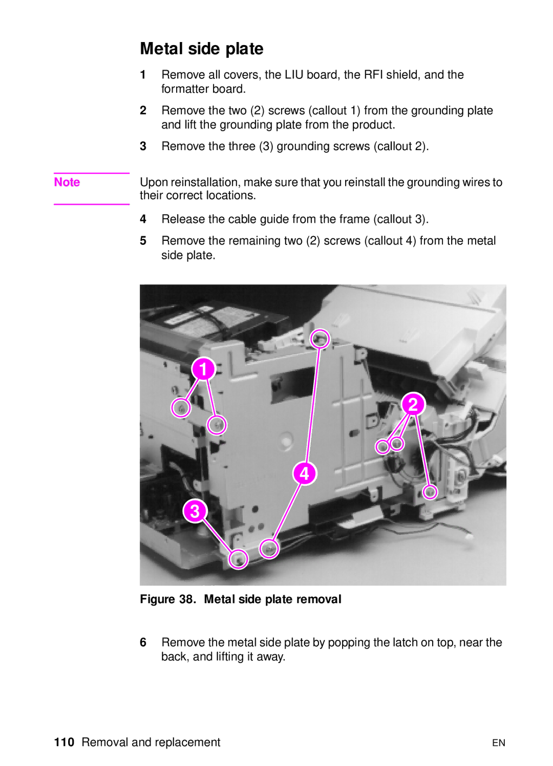 HP 3150 manual Metal side plate removal 