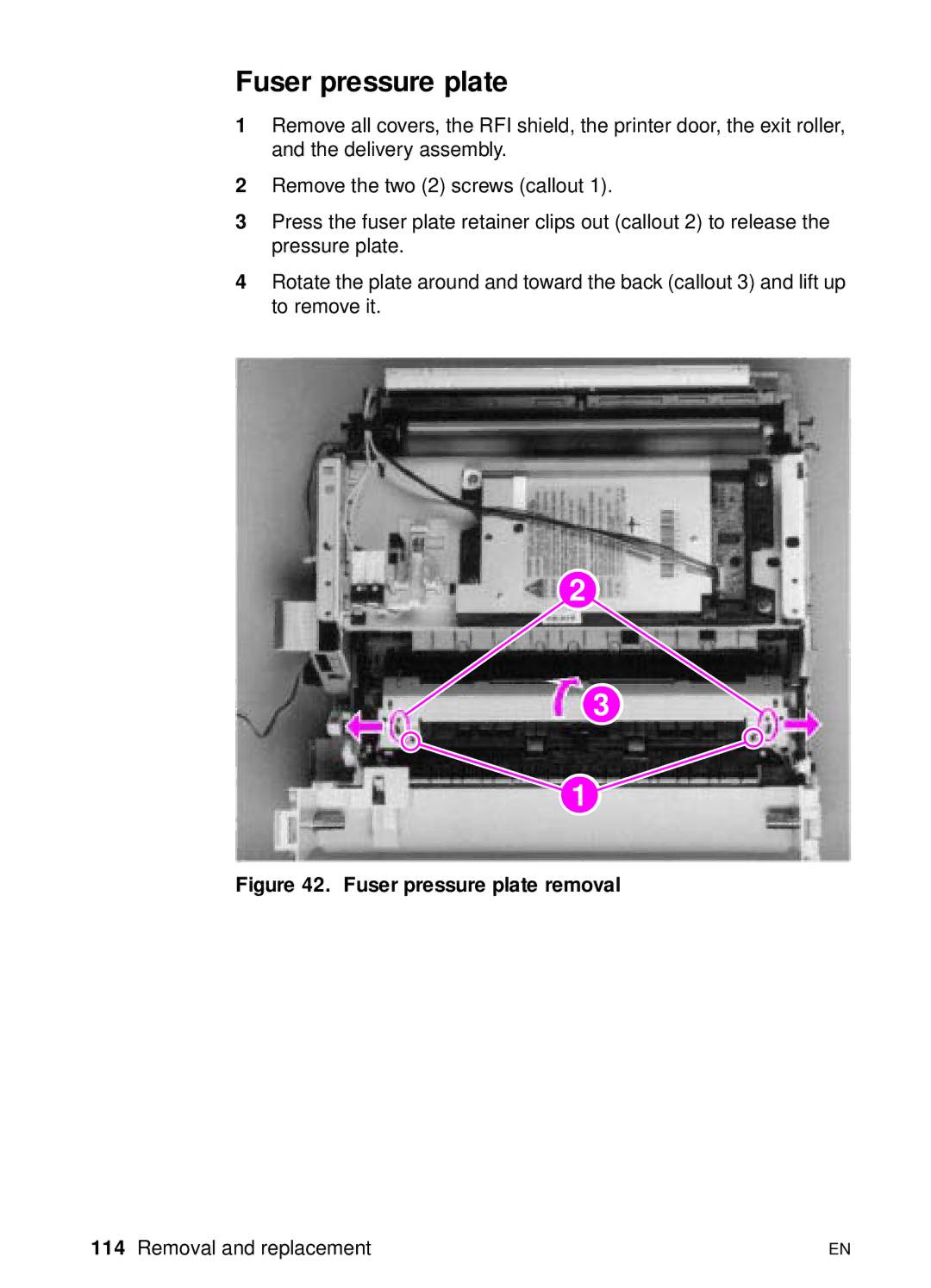 HP 3150 manual Fuser pressure plate removal 