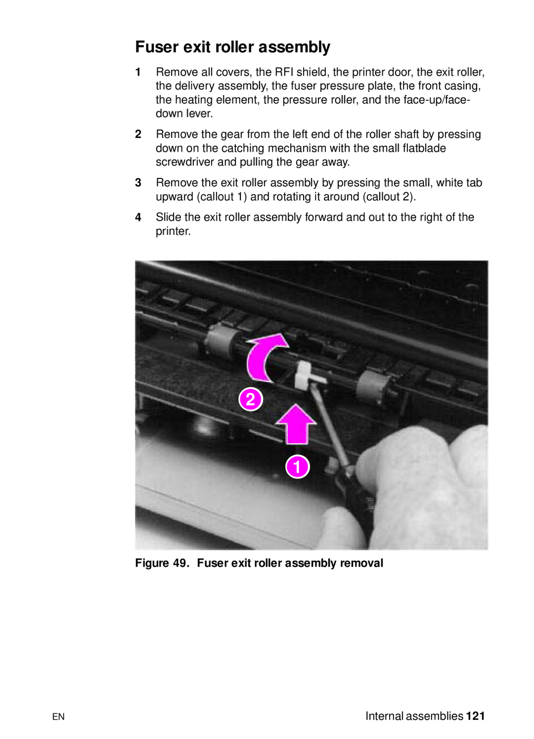 HP 3150 manual Fuser exit roller assembly removal 