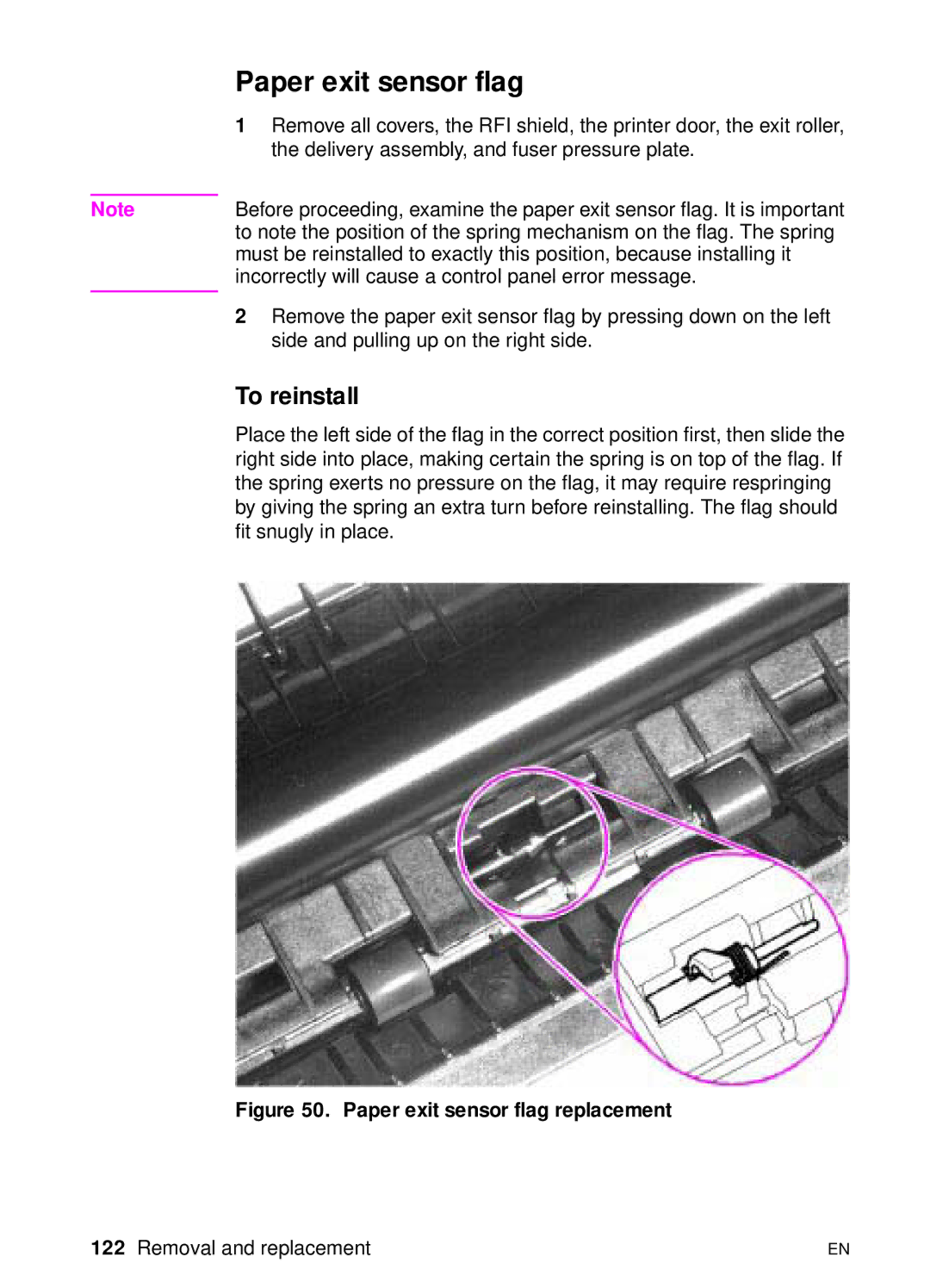 HP 3150 manual Paper exit sensor flag replacement 