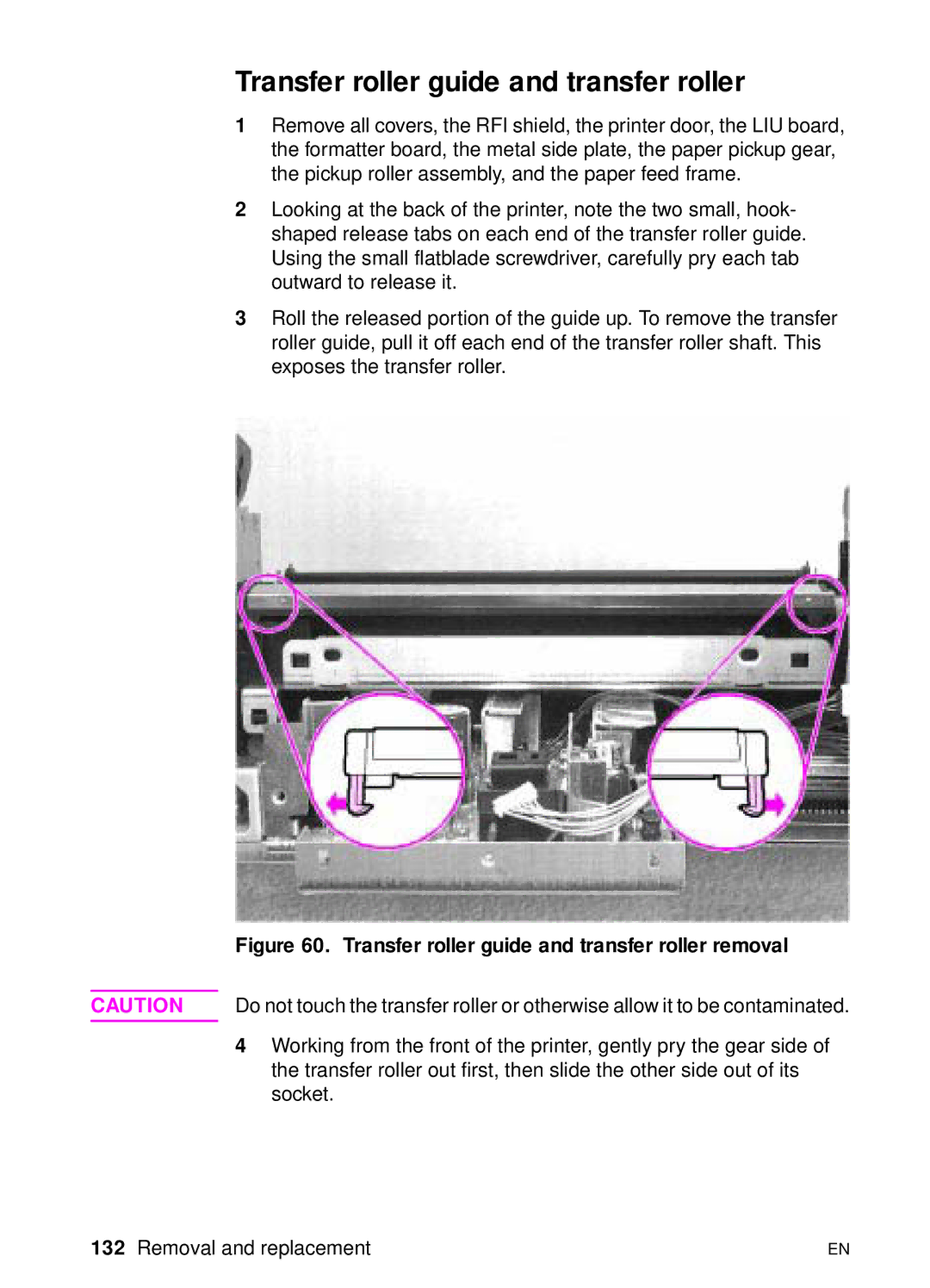 HP 3150 manual Transfer roller guide and transfer roller removal 