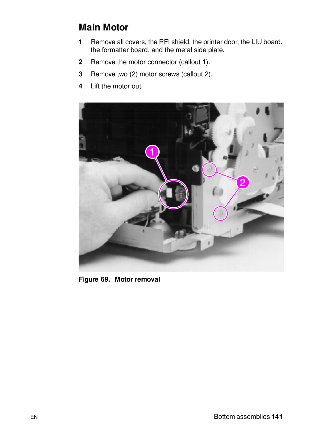 HP 3150 manual Main Motor, Motor removal 