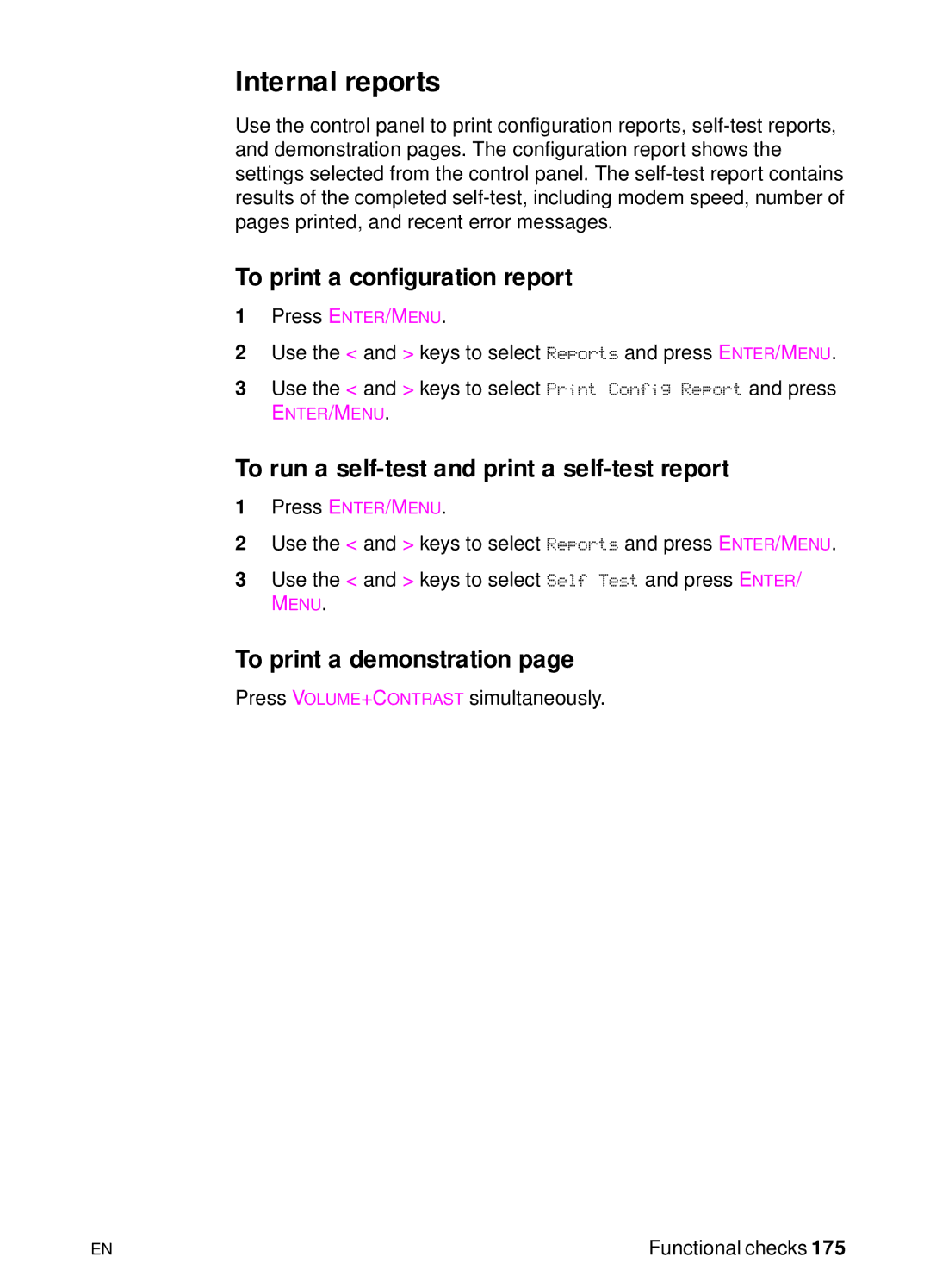 HP 3150 manual Internal reports, To print a configuration report, To run a self-test and print a self-test report 