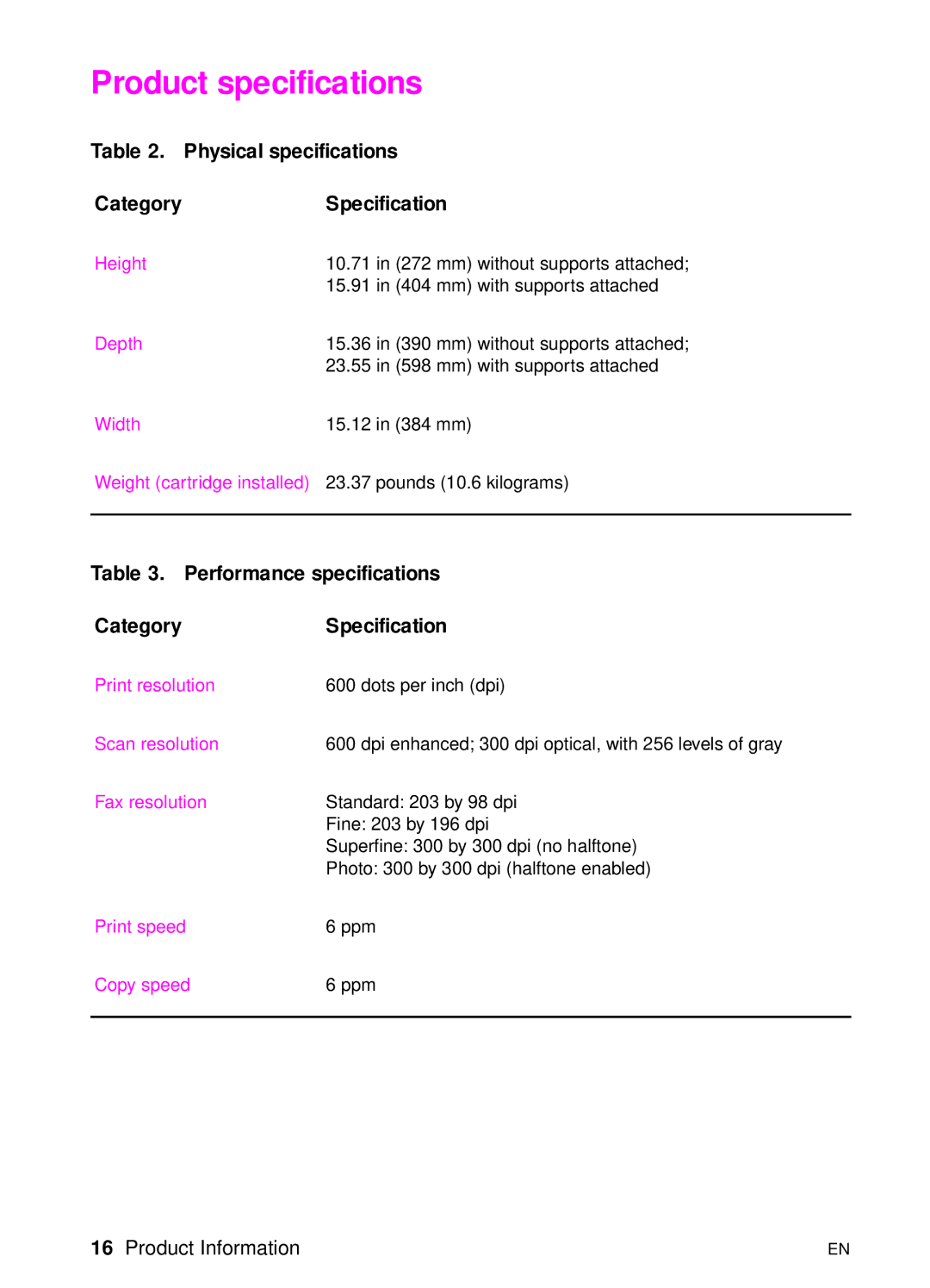 HP 3150 manual Product specifications, Physical specifications Category Specification 