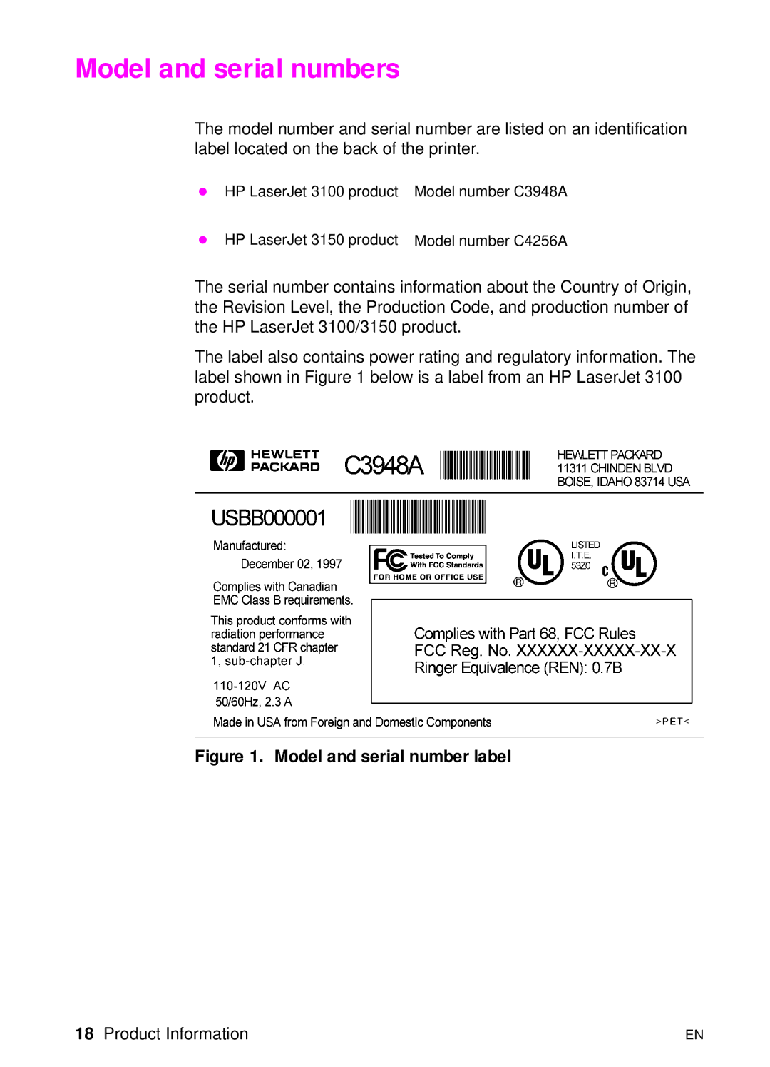 HP 3150 manual Model and serial numbers, Model number C3948A, Model number C4256A 