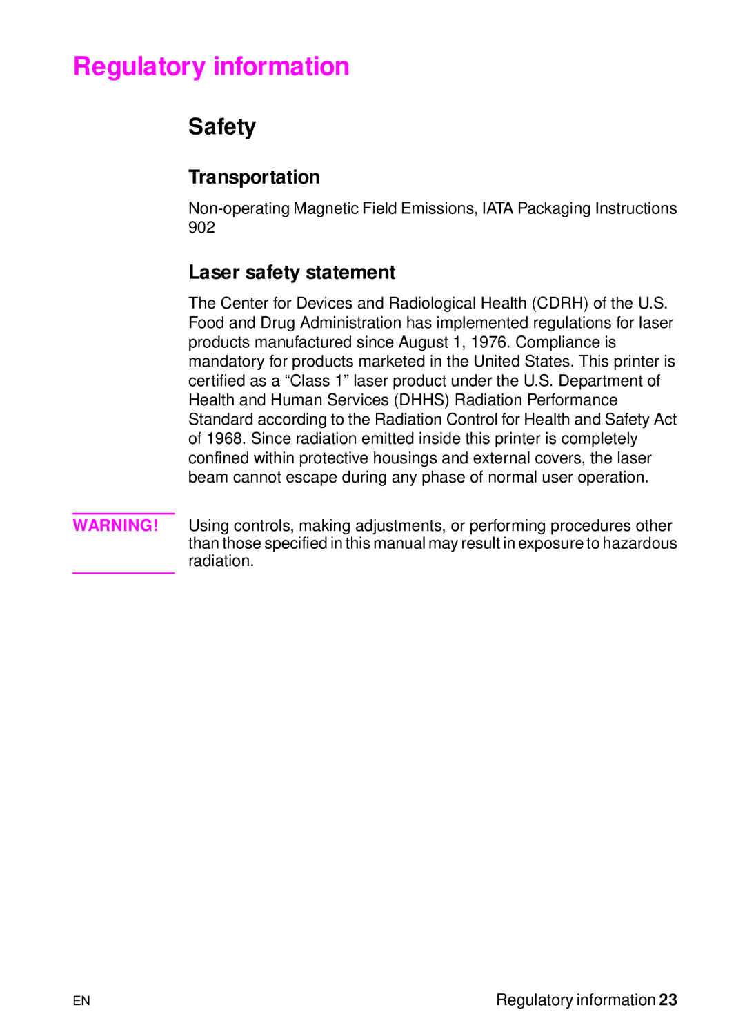 HP 3150 manual Regulatory information, Safety, Transportation, Laser safety statement 