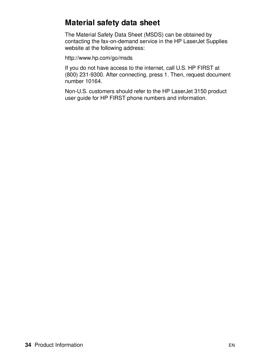 HP 3150 manual Material safety data sheet 